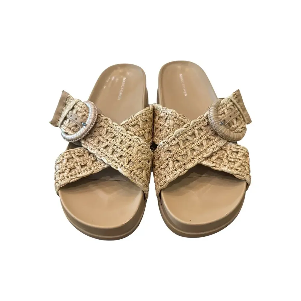 Marc Fisher Grayce Raffia Buckle Slide Sandals Beige 9.5M